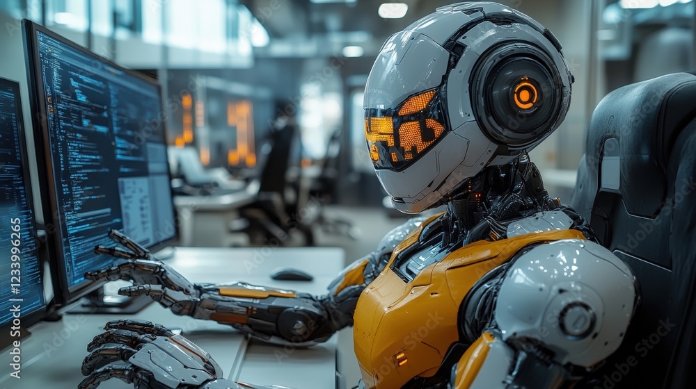 Aufkleber robot sitting at a desk working on a computer in an office environment with modern design elements