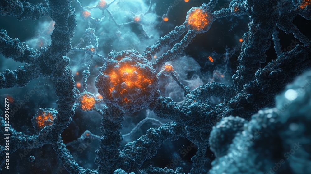 Poster molecular bonds and nanoscale structures forming a delicate web of particles, with space available f