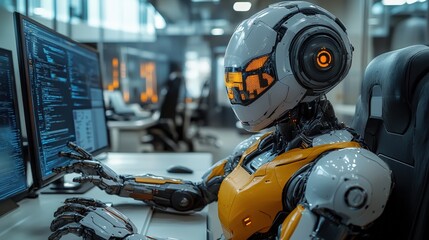 Fototapeta premium Robot sitting at a desk working on a computer in an office environment with modern design elements