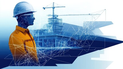 Construction worker wearing a hard hat in front of a building under construction at a worksite