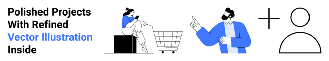Shopper using a smartphone near a shopping cart, paired with a professional demonstrating customer interaction. Ideal for online shopping, digital storefronts, user interface, consumer behavior