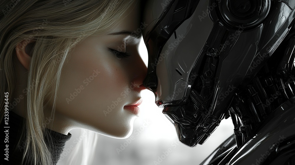 Aufkleber woman with a robotic face showcasing advanced technology and human-robot interaction in a modern set