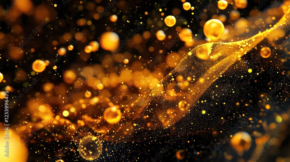 Poster nanotechnology design with glowing particles and molecular networks forming digital patterns, offeri