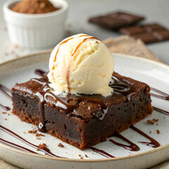 Chocolate brownie cake with a scoop of ice cream on top.