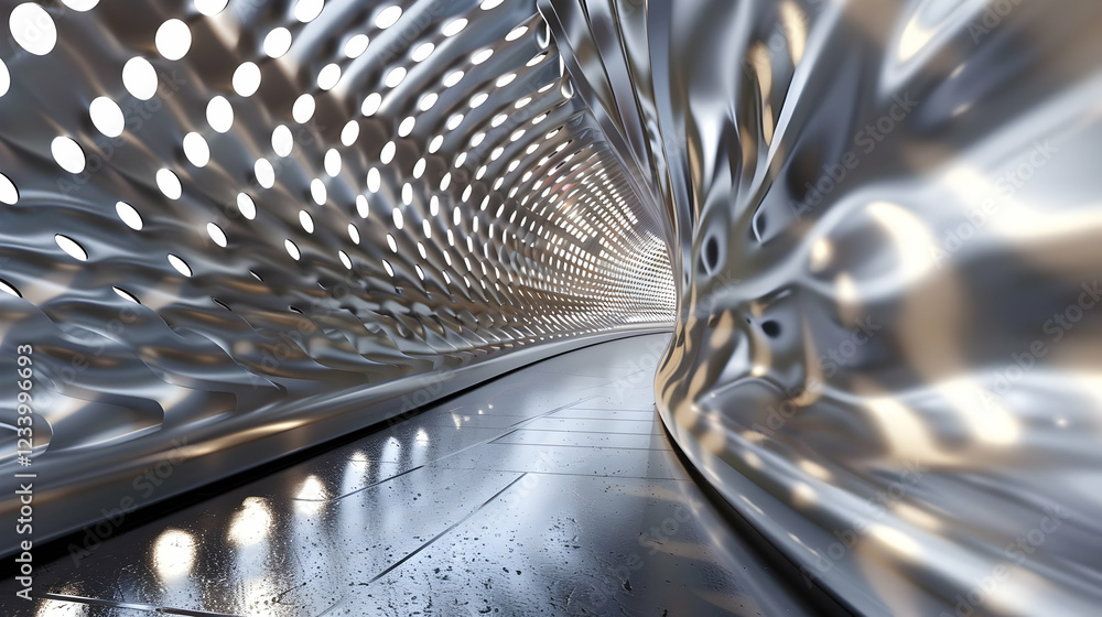 Poster a futuristic, metallic tunnel with dynamic lighting and smooth curves.