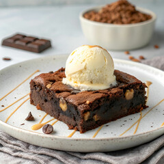 Chocolate brownie cake with a scoop of ice cream on top.