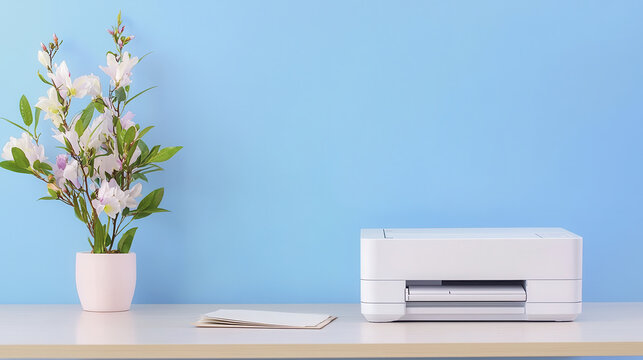 minimalist workspace featuring printer, flowers, and notepad against blue wall. serene atmosphere promotes productivity and creativity