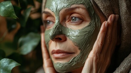 Serene Woman with a Natural Clay Mask Amidst Lush Greenery