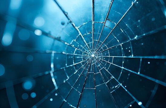 Broken glass with radial cracks reminiscent of a web,spectacular wallpaper in a mystical cold blue color, sharp shards of fragile thin glass,depth and texture of the image,electronic music album cover