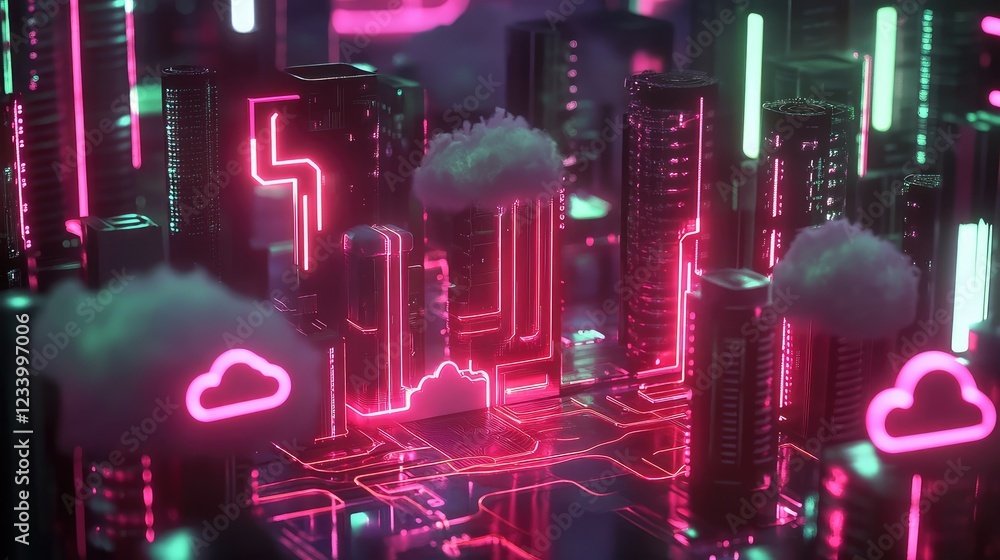 Poster neon iot background with digital circuits, connected devices, and wireless cloud storage technology 