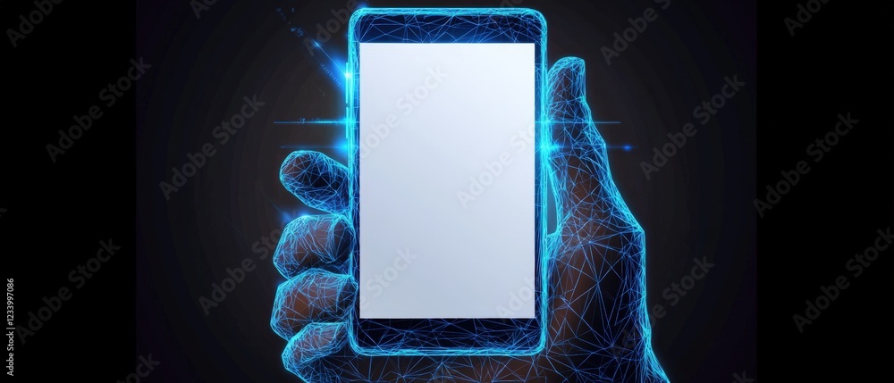 Poster hand holding a smartphone with a blank white screen in a neutral background setting