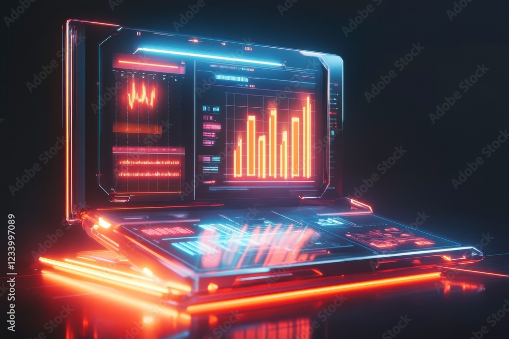 Poster a futuristic laptop displays vibrant data visualizations and colorful graphs in a dark environment, 
