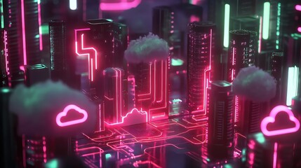 Neon IoT background with digital circuits, connected devices, and wireless cloud storage technology forming a futuristic copy space.