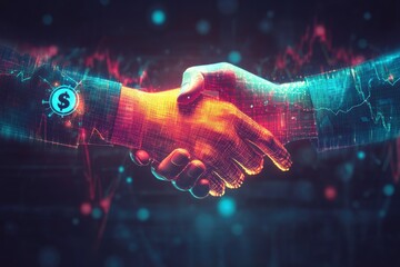 A digital handshake symbolizes partnership and financial growth, infused with technology and a modern aesthetic.