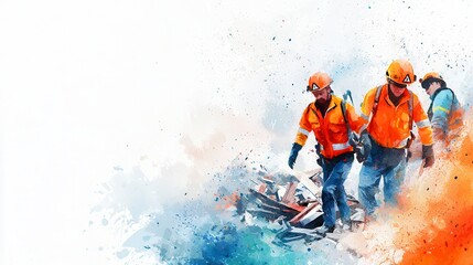 Naklejka premium Rescue Workers Navigating Debris in Soft Watercolor Style