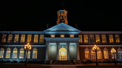 Obraz premium Illuminated historic building at night with classical architecture and glowing windows 