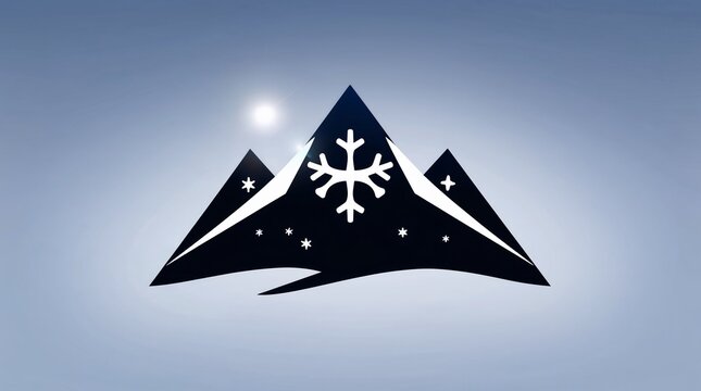 Stylized mountain logo with snowflake design against a clear sky background