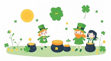 Obraz premium Cartoon leprechauns celebrating St. Patrick's Day with pots of gold and clovers in sunny landscape