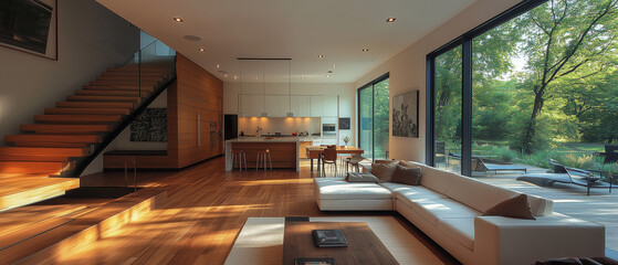 Fototapeta premium A Modern Open-Concept Living Room with Wood Floors