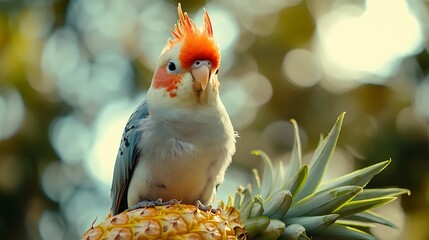 A unique bird on the fruit with the blurred background