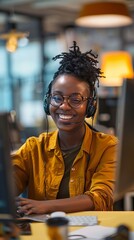 Happy Black Female Customer Service Agent Wearing Headset and Glasses Working on Computer