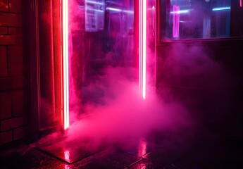 Naklejka premium A dark room with lights, fog, and smoke. A dance floor with neon lights in shades of pink, purple, and blue. 