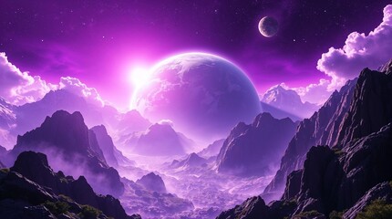 Stunning digital landscape depicting a purple planet and mountainous terrain under a cosmic sky