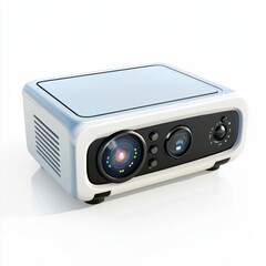Fototapeta premium A compact, modern projector featuring a sleek design with various controls and lens for projecting images and videos.