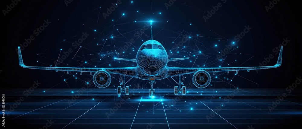 Poster airplane with a network of connected lines representing global communication and travel technology