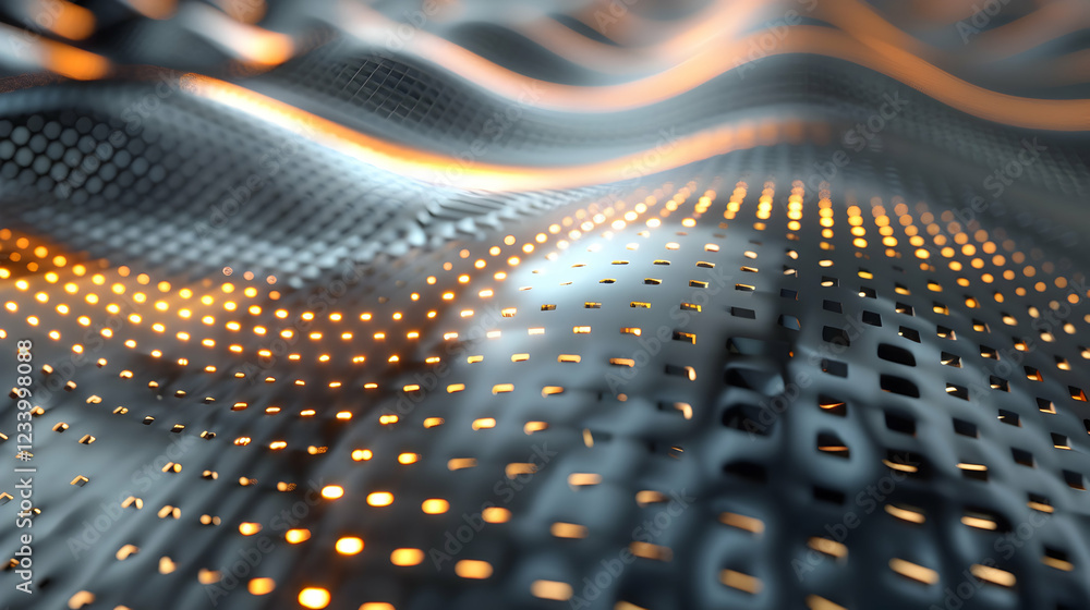 Poster abstract wave-like pattern with glowing elements on a textured surface.