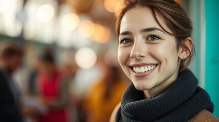 Obraz premium Smiling young woman with a cozy scarf in a warm, blurred background of people 