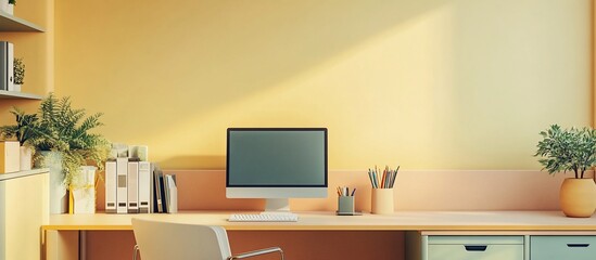 Modern home office setup with a computer, plants, and warm lighting in a cozy environment