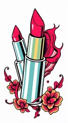 Colorful pop art illustration of lipstick tubes and floral elements, vibrant design, beauty and cosmetics theme