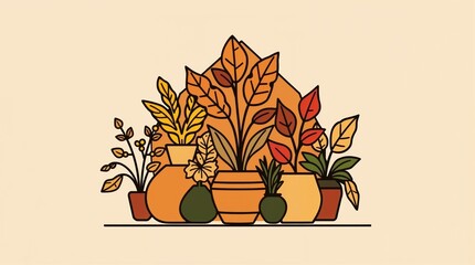 Stylized illustration of potted plants with autumn leaves, warm color palette, minimalist design, botanical art