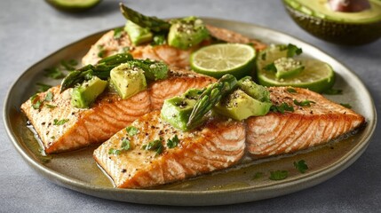 Fresh salmon fillet served with avocado slices and lime wedges on a white plate