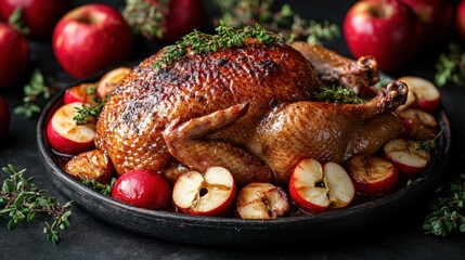 Turkey with apples served on a white plate ready for a festive meal or holiday celebration