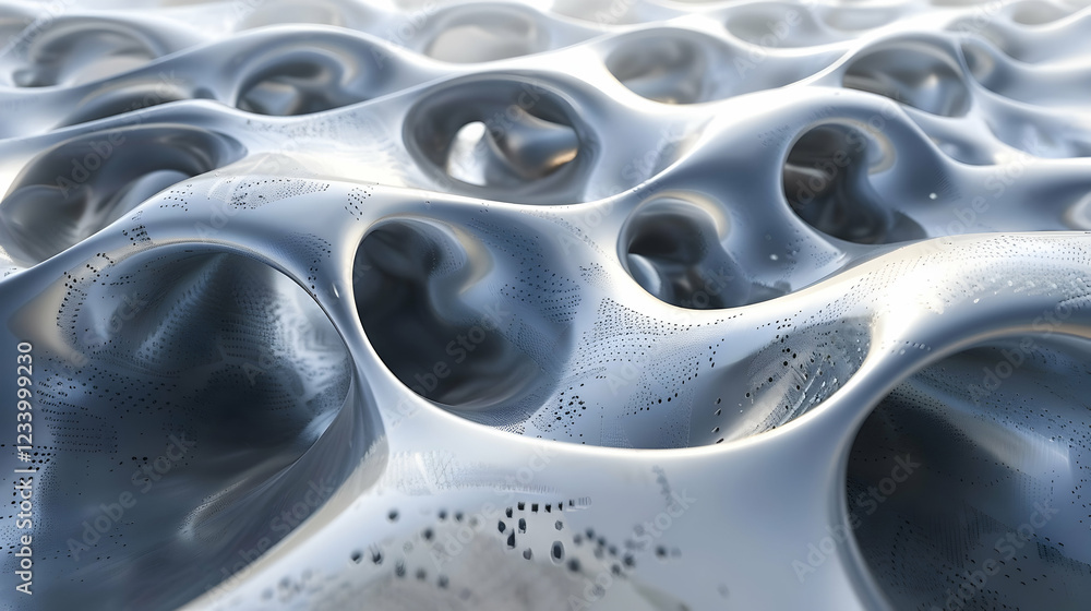 Poster abstract metallic surface with undulating shapes and textures.