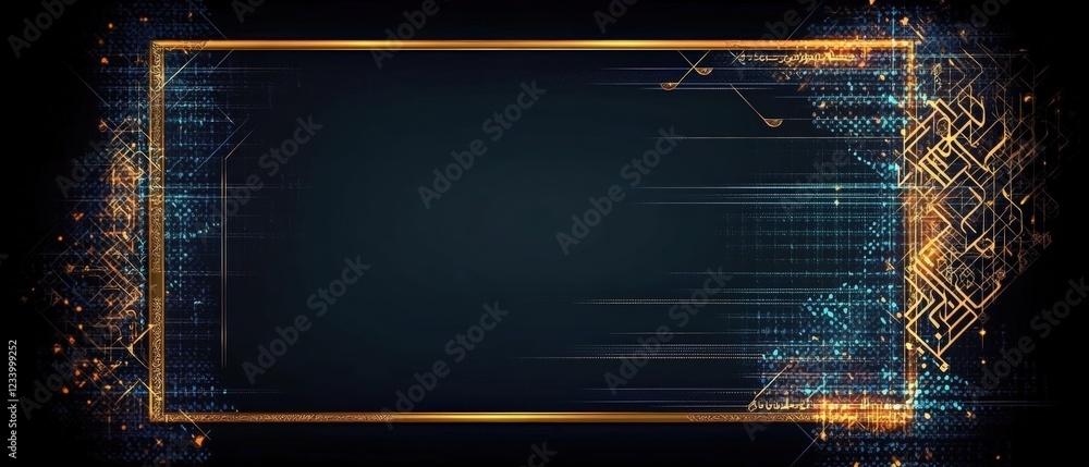 Poster abstract technology background featuring golden frame with glowing lines and digital patterns