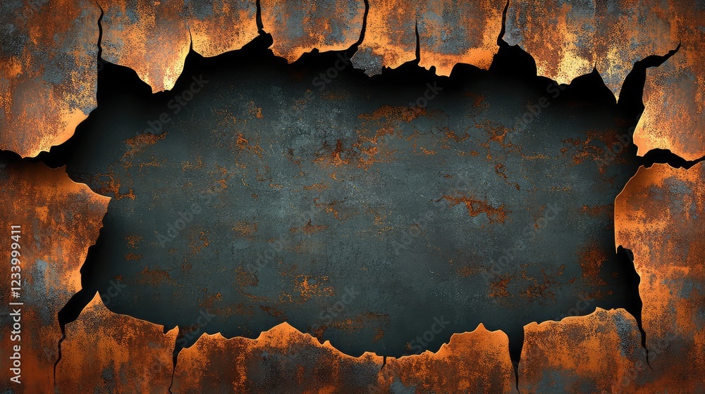 Poster rusty metallic background with peeling layers of rust and corrosion, smooth gradient towards the cen