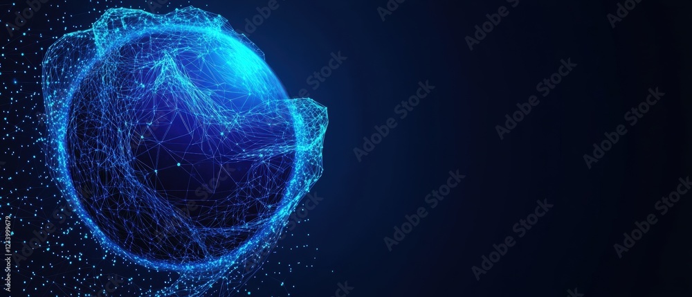 Poster blue sphere with a network of dots and connections representing technology and digital communication