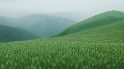 Fototapeta premium Rolling green hills, misty mountains, peaceful landscape, nature background, travel photography