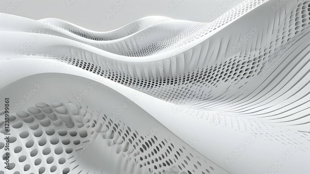Poster abstract white waves with perforated patterns creating a dynamic visual effect.