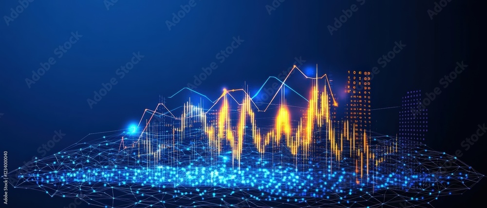 Poster abstract cityscape with glowing lights and network lines on a dark background for modern design conc