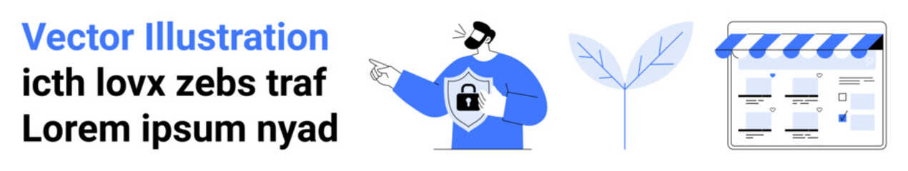 Man pointing at secure online storefront interface with shield icon, plant leaf, and e-commerce elements. Ideal for business security, online shopping, digital safety, e-commerce, cybersecurity