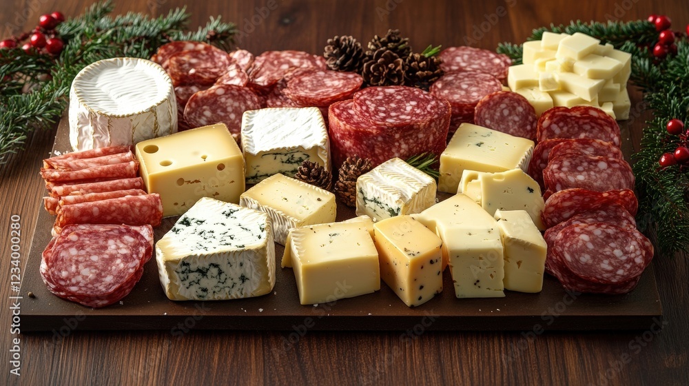 Poster cutting board with assorted types of cheese arranged for a gourmet presentation and culinary display