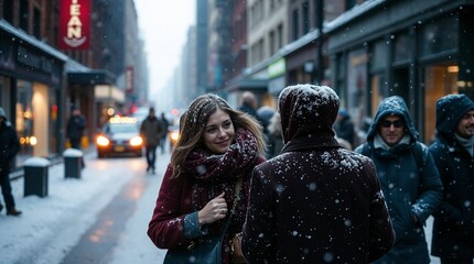 Obraz premium Smiling woman chatting with a man in snowy city street filled with people during winter