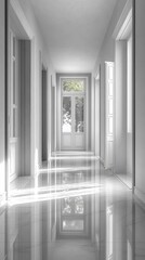 Fototapeta premium Elegant Hallway Design: Marble Floor, White Doors, Natural Light