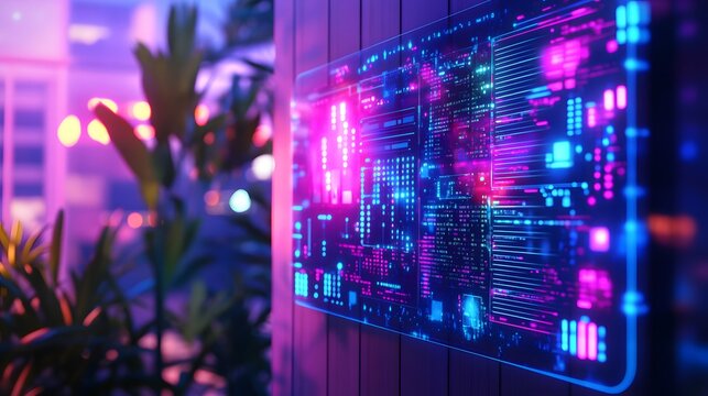 Futuristic neon holographic display with vibrant pink and blue data streams. Mounted on a wooden wall, it glows brightly against a blurred, neon-lit background of plants.