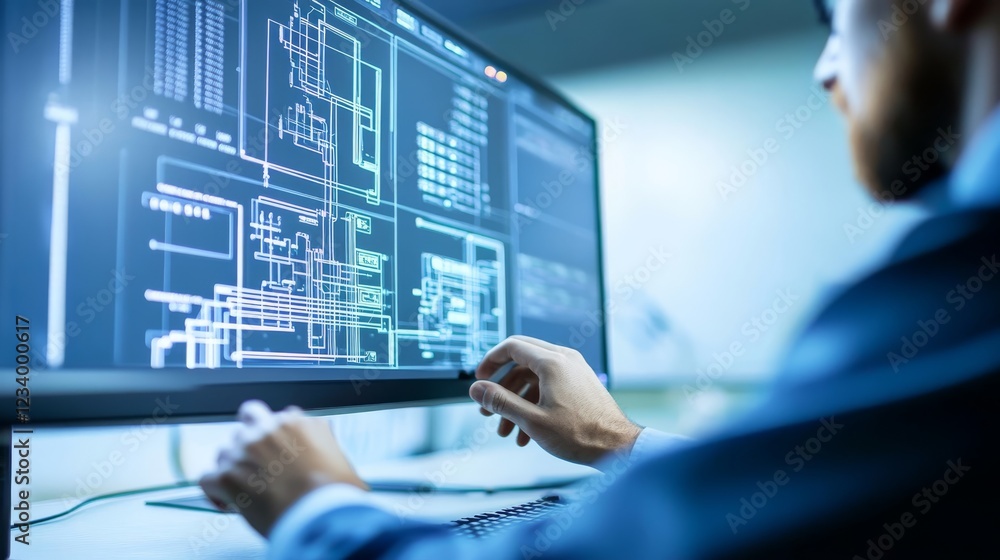 Poster architect drafts blueprint on computer, detailed design in architectural engineering and constructio