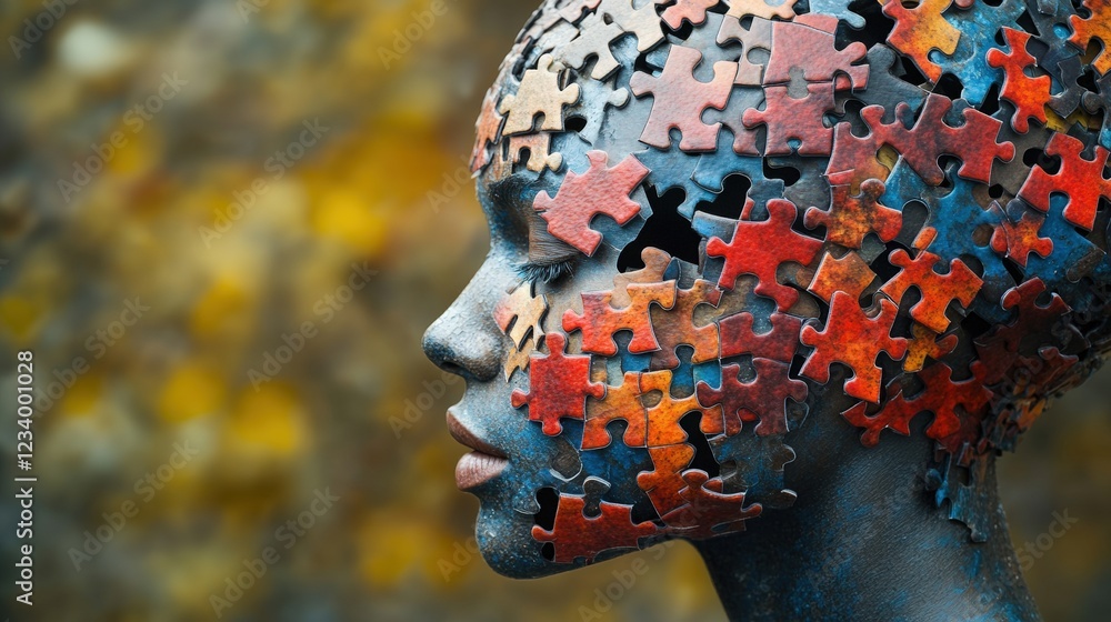 Poster person with a jigsaw puzzle on their head representing creativity and problem solving concepts